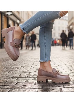 Półbuty loafersy damskie na platformie Khaki /K3-2 18619 W142/ ze sklepu Pantofelek24.pl w kategorii Półbuty damskie - zdjęcie 187923872