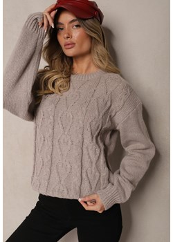 Szary Sweter z Wełną Ozdobnym Splotem i Ściągaczem Nariae ze sklepu renee.pl w kategorii Swetry damskie - zdjęcie 187928363