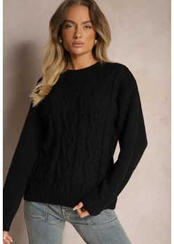 Czarny Sweter z Wełną Ozdobnym Splotem i Ściągaczem Nariae ze sklepu renee.pl w kategorii Swetry damskie - zdjęcie 187935374