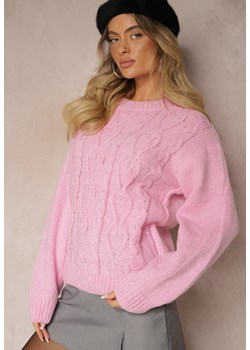 Różowy Sweter z Wełną Ozdobnym Splotem i Ściągaczem Nariae ze sklepu renee.pl w kategorii Swetry damskie - zdjęcie 187935384