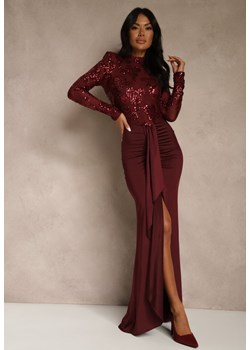 Bordowa Koktajlowa Sukienka z Półgolfem Zdobiona Cekinami i Trenem Nautitune ze sklepu renee.pl w kategorii Sukienki - zdjęcie 187967700