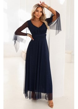 Numoco 655-3 długa połyskująca w świetle suknia z dekoltem i transparentnym rękawkiem ze sklepu intimiti.pl w kategorii Sukienki - zdjęcie 187977440