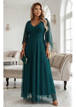 Numoco 655-2 długa połyskująca w świetle suknia z dekoltem i transparentnym rękawkiem ze sklepu intimiti.pl w kategorii Sukienki - zdjęcie 187977483