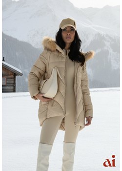 Beżowa Trapezowa Kurtka z Pikowanymi Przeszyciami i Kapturem z Odpinanym Futrem Deoiala ze sklepu renee.pl w kategorii Kurtki damskie - zdjęcie 187978220