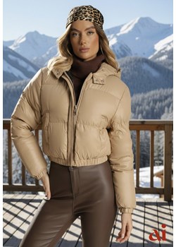 Ciemnobeżowa Pikowana Kurtka z Nieodpinanym Kapturem o Krótkim Kroju Tinneira ze sklepu renee.pl w kategorii Kurtki damskie - zdjęcie 187978222