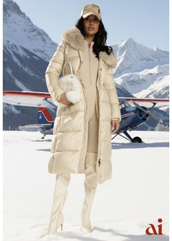 Beżowa Puchowa Kurtka Pikowana o Długim Kroju z Kapturem z Futerkiem Bavea ze sklepu renee.pl w kategorii Kurtki damskie - zdjęcie 187978233