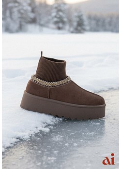 Brązowe Śniegowce VICES na Platformie ze Skarpetkową Cholewką i Haftem Ebentia ze sklepu renee.pl w kategorii Śniegowce damskie - zdjęcie 187978270