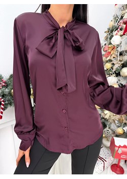 Śliwkowa Satynowa Koszula z Wiązaniem przy Dekolcie ze sklepu ModnaKiecka.pl w kategorii Koszule damskie - zdjęcie 187979703