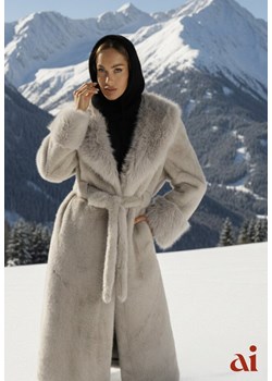 Szary Futrzany Płaszcz z Wiązanym Paskiem Ozdobnym Kołnierzem i Mankietami Viaressa ze sklepu renee.pl w kategorii Futra damskie - zdjęcie 187979830
