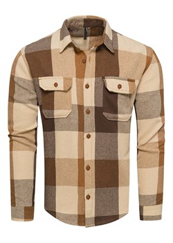 Koszula flanelowa męska w kratę beżowo-brązowa Recea ze sklepu Recea.pl w kategorii Koszule męskie - zdjęcie 187982850
