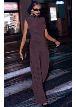 Brązowy komplet damski z marszczoną bluzką i szerokimi spodniami M890, Kolor brązowy, Rozmiar L, MOE ze sklepu Primodo w kategorii Komplety i garnitury damskie - zdjęcie 187987524