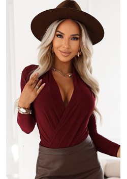 Stylowe body damskie z kopertowym dekoltem bordowe 375-9, Kolor bordowy, Rozmiar L, Numoco ze sklepu Primodo w kategorii Bluzki damskie - zdjęcie 187987542