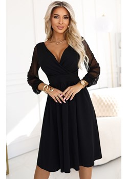 Czarna sukienka midi z kopertowym dekoltem i tiulowymi rękawami 657-1, Kolor czarny, Rozmiar L, Numoco ze sklepu Primodo w kategorii Sukienki - zdjęcie 187987571