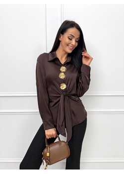 Brązowa Satynowa Koszula z Wiązaniem ze sklepu ModnaKiecka.pl w kategorii Koszule damskie - zdjęcie 187995092