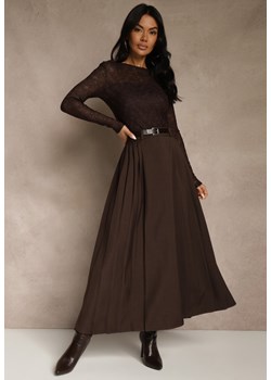 Brązowa Rozkloszowana Spódnica z Wiskozy z Dodatkowym Paskiem z Klamrą Lowedina ze sklepu renee.pl w kategorii Spódnice - zdjęcie 187996090