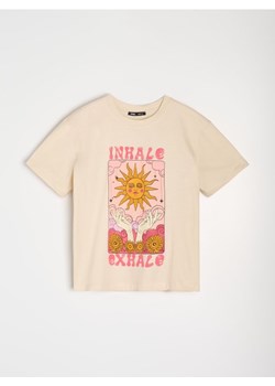 Sinsay - Bawełniana koszulka z nadrukiem - kremowy ze sklepu Sinsay w kategorii Bluzki damskie - zdjęcie 187996792