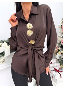 Brązowa Satynowa Koszula z Wiązaniem ze sklepu ModnaKiecka.pl w kategorii Koszule damskie - zdjęcie 188016194