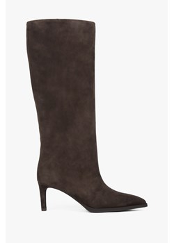 Estro: Ciemnobrązowe kozaki damskie na obcasie z weluru naturalnego ze sklepu Estro w kategorii Kozaki damskie - zdjęcie 188016310