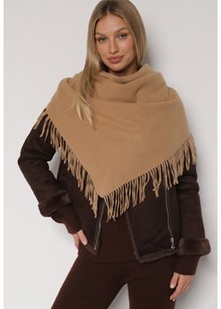 Brązowy Trójkątny Szalik z Wiskozy i Bawełny z Frędzlami Vetirala ze sklepu born2be.pl w kategorii Szaliki i chusty damskie - zdjęcie 188021661