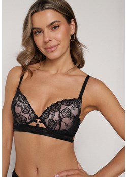 Czarno-Beżowy Klasyczny Biustonosz Zdobiony Koronką i Aplikacją Metheis ze sklepu born2be.pl w kategorii Biustonosze - zdjęcie 188022573