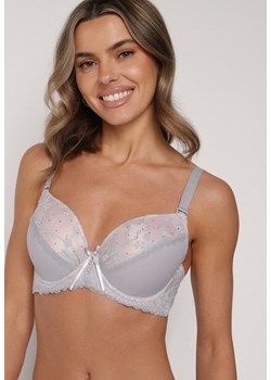 Szaro-Różowy Biustonosz Ozdobiony Cyrkoniami i Koronką Corraella ze sklepu born2be.pl w kategorii Biustonosze - zdjęcie 188023154