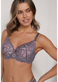 Szaro-Różowy Biustonosz z Koronką i Sercem z Cyrkonii Coratune ze sklepu born2be.pl w kategorii Biustonosze - zdjęcie 188023203