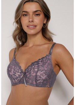 Szaro-Różowy Koronkowy Biustonosz z Kokardką Nealenia ze sklepu born2be.pl w kategorii Biustonosze - zdjęcie 188023301