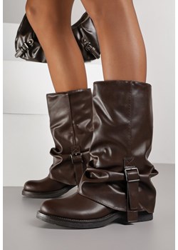 Brązowe Botki z Wywiniętą Marszczoną Cholewką Typu Biker z Paskiem Olinessa ze sklepu born2be.pl w kategorii Botki - zdjęcie 188023621
