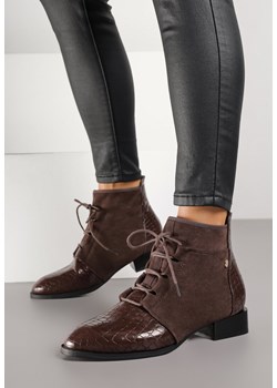 Brązowe Sznurowane Botki Vices do Kostki z Wężowym Tłoczeniem Wodvira ze sklepu born2be.pl w kategorii Botki - zdjęcie 188023733