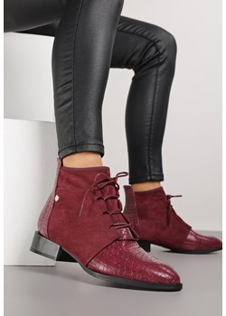 Bordowe Sznurowane Botki Vices do Kostki z Wężowym Tłoczeniem Wodvira ze sklepu born2be.pl w kategorii Botki - zdjęcie 188023740