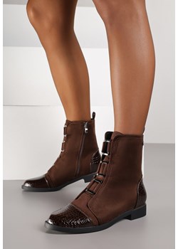 Brązowe Botki Vices z Lakierowanymi Wstawkami w Stylu Krokodyla  Olitta ze sklepu born2be.pl w kategorii Botki - zdjęcie 188023802