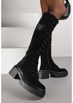 Czarne Sznurowane Kozaki Vices z Imitacji Zamszu na Platformie w Stylu Grunge Lattime ze sklepu born2be.pl w kategorii Kozaki damskie - zdjęcie 188023872