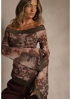 Brązowa Bluzka Siateczkowa Typu Hiszpanka z Bawełną i Wiskozą  z Koronką Nurriva ze sklepu renee.pl w kategorii Bluzki damskie - zdjęcie 188024114