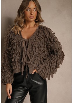 Jasnobrązowy Kardigan z Wiązaniem i Frędzlami z Domieszką Wełny i Wiskozy Tiseana ze sklepu renee.pl w kategorii Swetry damskie - zdjęcie 188024143