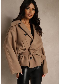 Beżowy Pudełkowy Krótki Płaszcz z Wiskozą z Wiązanym Paskiem i Kołnierzykiem Tusainea ze sklepu renee.pl w kategorii Płaszcze damskie - zdjęcie 188024203