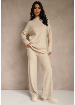 Beżowy Komplet z Wełną i Bawełną Szerokie Spodnie i Sweter o Długim Kroju Reilissa ze sklepu renee.pl w kategorii Komplety i garnitury damskie - zdjęcie 188024223