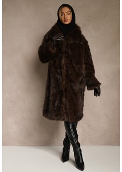 Brązowy Płaszcz Futro o Jednorzędowym Kroju z Szerokim Kołnierzem Aweda ze sklepu renee.pl w kategorii Płaszcze damskie - zdjęcie 188024253