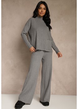 Szary Komplet Dzianinowy Spodnie o Szerokim Kroju i Sweter Półgolf Datusa ze sklepu renee.pl w kategorii Komplety i garnitury damskie - zdjęcie 188024263