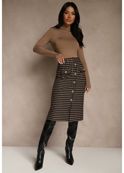Czarno-Beżowa Tweedowa Spódnica Ołówkowa w Kratę z Guzikami Aretusa ze sklepu renee.pl w kategorii Spódnice - zdjęcie 188024284