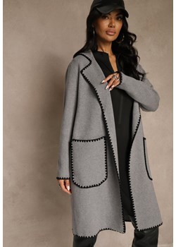 Szary Kardigan z Haftowaną Lamówką Tuscele ze sklepu renee.pl w kategorii Swetry damskie - zdjęcie 188024304