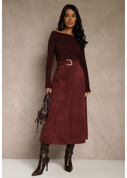 Bordowa Spódnica z Wiskozy z Bawełną z Imitacji Zamszu z Paskiem Oliweda ze sklepu renee.pl w kategorii Spódnice - zdjęcie 188024353