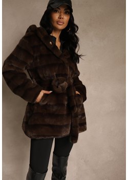 Brązowa Kurtka Futrzana z Nieodpinanym Kapturem Ozdobiona Paskiem Zetelia ze sklepu renee.pl w kategorii Futra damskie - zdjęcie 188024363