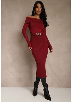 Bordowa Spódnica o Ołówkowym Kroju z Wiskozą z Paskiem i Rozcięciem Saweda ze sklepu renee.pl w kategorii Spódnice - zdjęcie 188024383