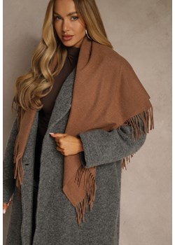 Jasnobrązowy Bawełniano-Wiskozowy Szalik w Kształcie Trójkąta z Frędzlami Vetisara ze sklepu renee.pl w kategorii Szaliki i chusty damskie - zdjęcie 188024423