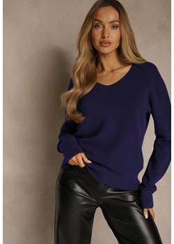 Granatowy Sweter z Wełną i Wiskozą z Trójkątnym Dekoltem Kaitte ze sklepu renee.pl w kategorii Swetry damskie - zdjęcie 188024612