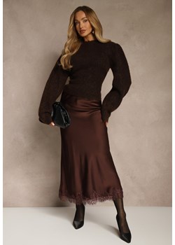 Brązowa Spódnica z Satyny Zdobiona Koronką Marefera ze sklepu renee.pl w kategorii Spódnice - zdjęcie 188024622