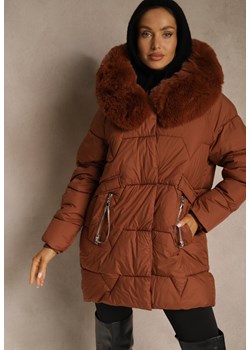 Brązowa Pudełkowa Kurtka Pikowana Ozdobiona Odpinanym Futerkiem i Suwakiem Hedizelle ze sklepu renee.pl w kategorii Kurtki damskie - zdjęcie 188024634