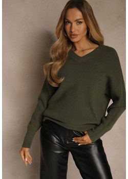 Ciemnozielony Sweter z Dodatkiem Kaszmiru i Trójkątnym Dekoltem Silefera ze sklepu renee.pl w kategorii Swetry damskie - zdjęcie 188024644