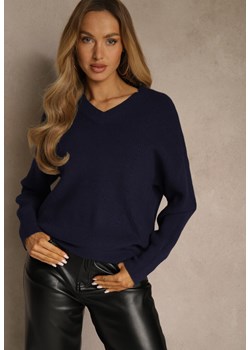 Granatowy Sweter z Dodatkiem Kaszmiru i Trójkątnym Dekoltem Silefera ze sklepu renee.pl w kategorii Swetry damskie - zdjęcie 188024664