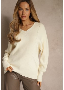 Jasnobeżowy Sweter z Dodatkiem Kaszmiru i Trójkątnym Dekoltem Silefera ze sklepu renee.pl w kategorii Swetry damskie - zdjęcie 188024674